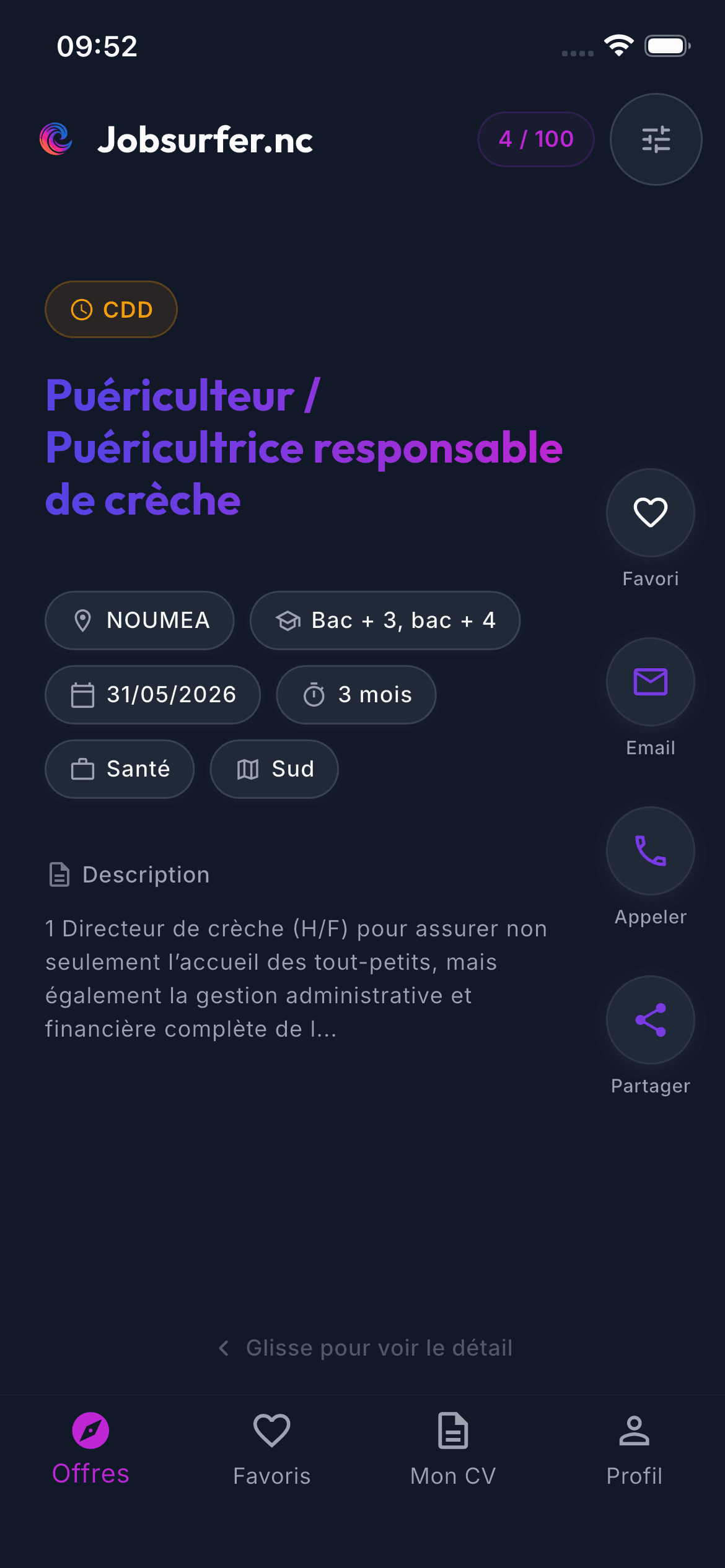 Capture d'écran de l'app Jobsurfer.nc montrant le feed d'offres